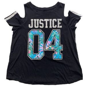 Justice Cold Shoulder Shirt Tops Girls 18 20 Black Silver Glitter Jersey-Style
